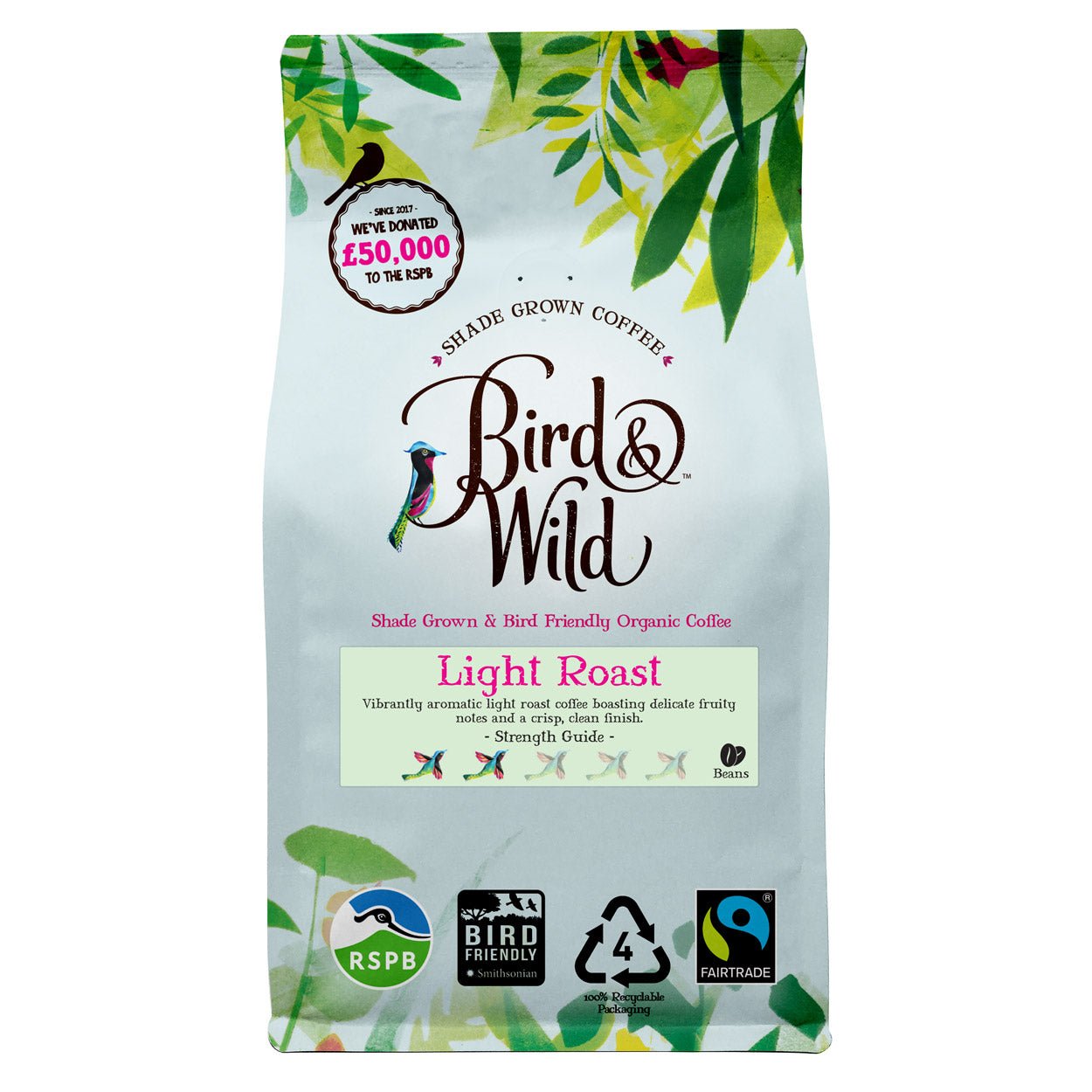 Light Roast, Case of 6 X 200G Bags, Fairtrade Organic Shade Grown Bird Friendly Coffee, Strength 3 - Bird & Wild Coffee